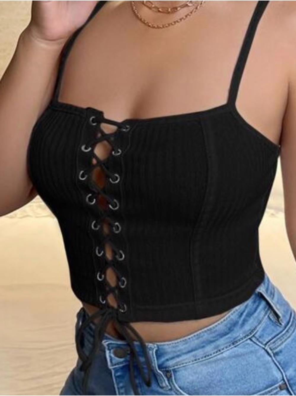 Black Lace-Up Ribbed Crop Top - Women